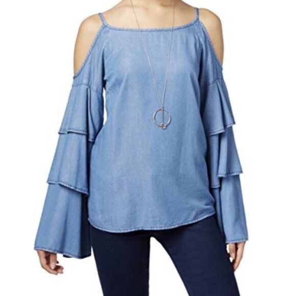 INC International Concepts Womens Sz 10 Chambray Spaghetti Strap Cold Shoulder - Picture 1 of 7